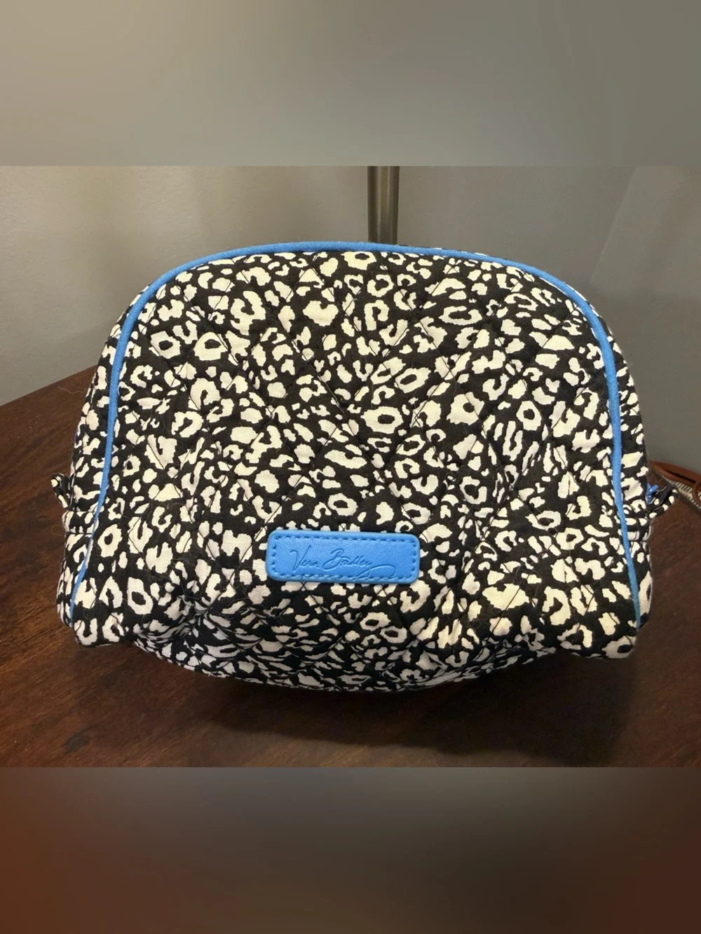 Vera Bradley Black and White Leopard Cosmetic Pouch with Blue Trim